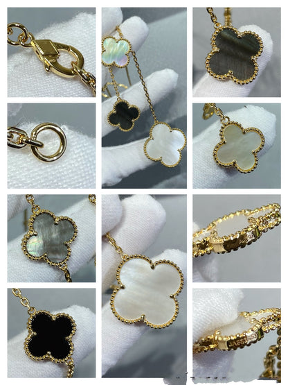 [Luxery]CLOVER 6 MOTIF MOP ONYX GOLD NECKLACE