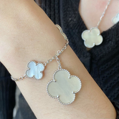 [Luxery]CLOVER 5 MOTIF WHITE MOP SILVER BRACELET