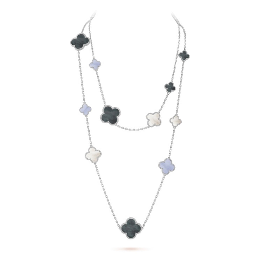[Luxery]CLOVER 16 MOTIF CHALCEDONY MOP SILVER NECKLACE
