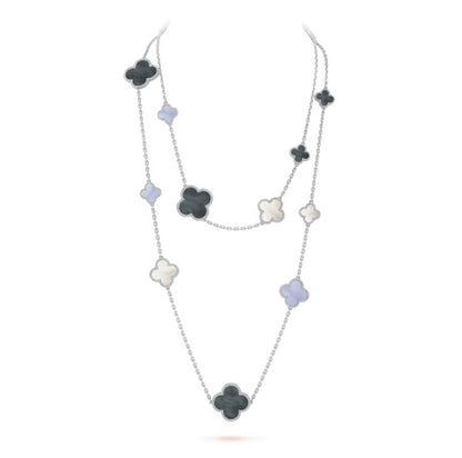 [Luxery]CLOVER 16 MOTIF CHALCEDONY MOP SILVER NECKLACE