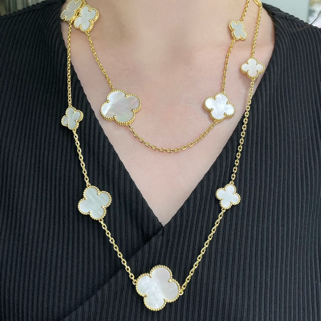 [Luxery]CLOVER 16 MOTIF WHITE MOP GOLD NECKLACE