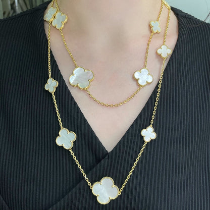[Luxery]CLOVER 16 MOTIF WHITE MOP GOLD NECKLACE