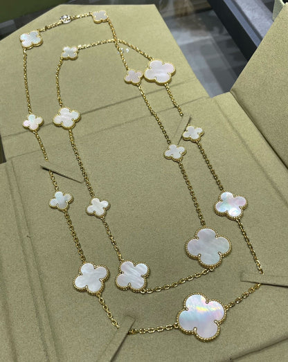[Luxery]CLOVER 16 MOTIF WHITE MOP GOLD NECKLACE