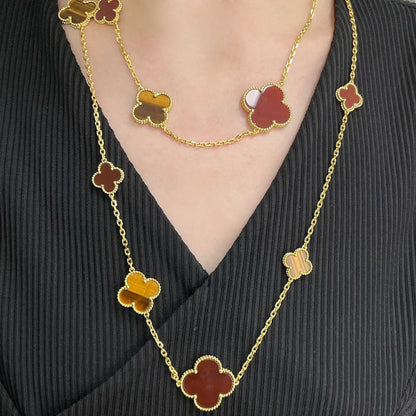 [Luxery]CLOVER 16 MOTIF CARNELIAN TIGER EYE ROSE GOLD NECKLACE