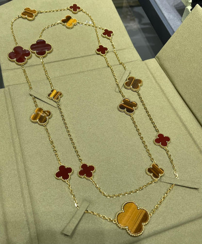 [Luxery]CLOVER 16 MOTIF CARNELIAN TIGER EYE ROSE GOLD NECKLACE