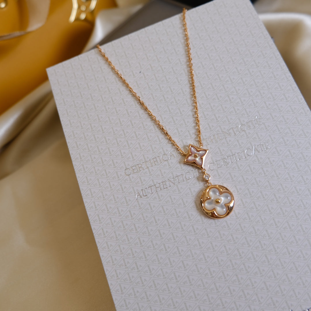 [Luxery]STAR AND SUN WHITE MOP 2 MOTIF PINK GOLD NECKLACE