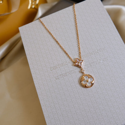 [Luxery]STAR AND SUN WHITE MOP 2 MOTIF PINK GOLD NECKLACE