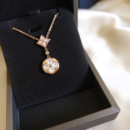 [Luxery]STAR AND SUN WHITE MOP 2 MOTIF PINK GOLD NECKLACE