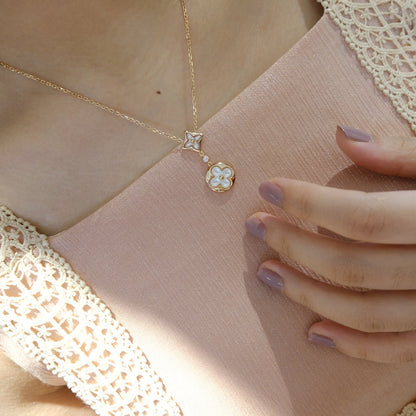 [Luxery]STAR AND SUN WHITE MOP 2 MOTIF PINK GOLD NECKLACE