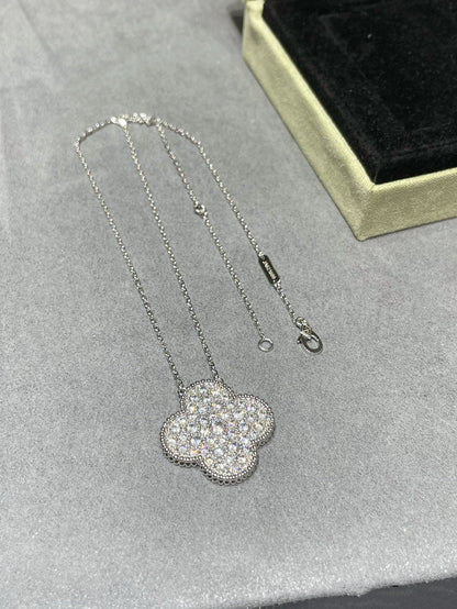 [Luxery]CLOVER 25MM LARGE PENDANT DIAMOND PAVED SILVER NECKLACE