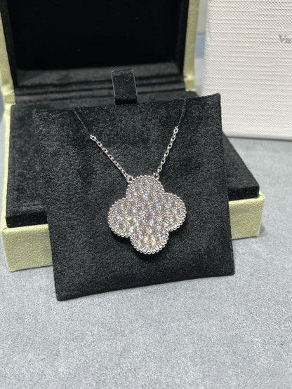 [Luxery]CLOVER 25MM LARGE PENDANT DIAMOND PAVED SILVER NECKLACE