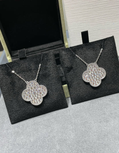 [Luxery]CLOVER 25MM LARGE PENDANT DIAMOND PAVED SILVER NECKLACE