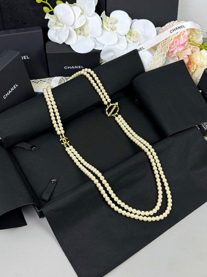 [Luxery]25K Pencil Double C Double-Layer Pearl Sweater Chain