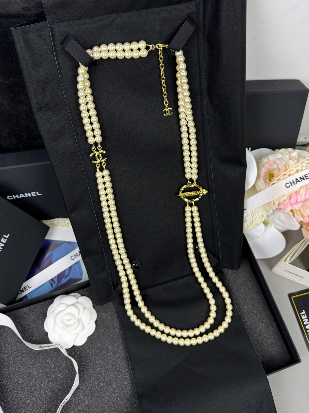 [Luxery]25K Pencil Double C Double-Layer Pearl Sweater Chain