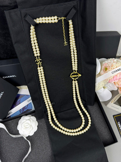 [Luxery]25K Pencil Double C Double-Layer Pearl Sweater Chain