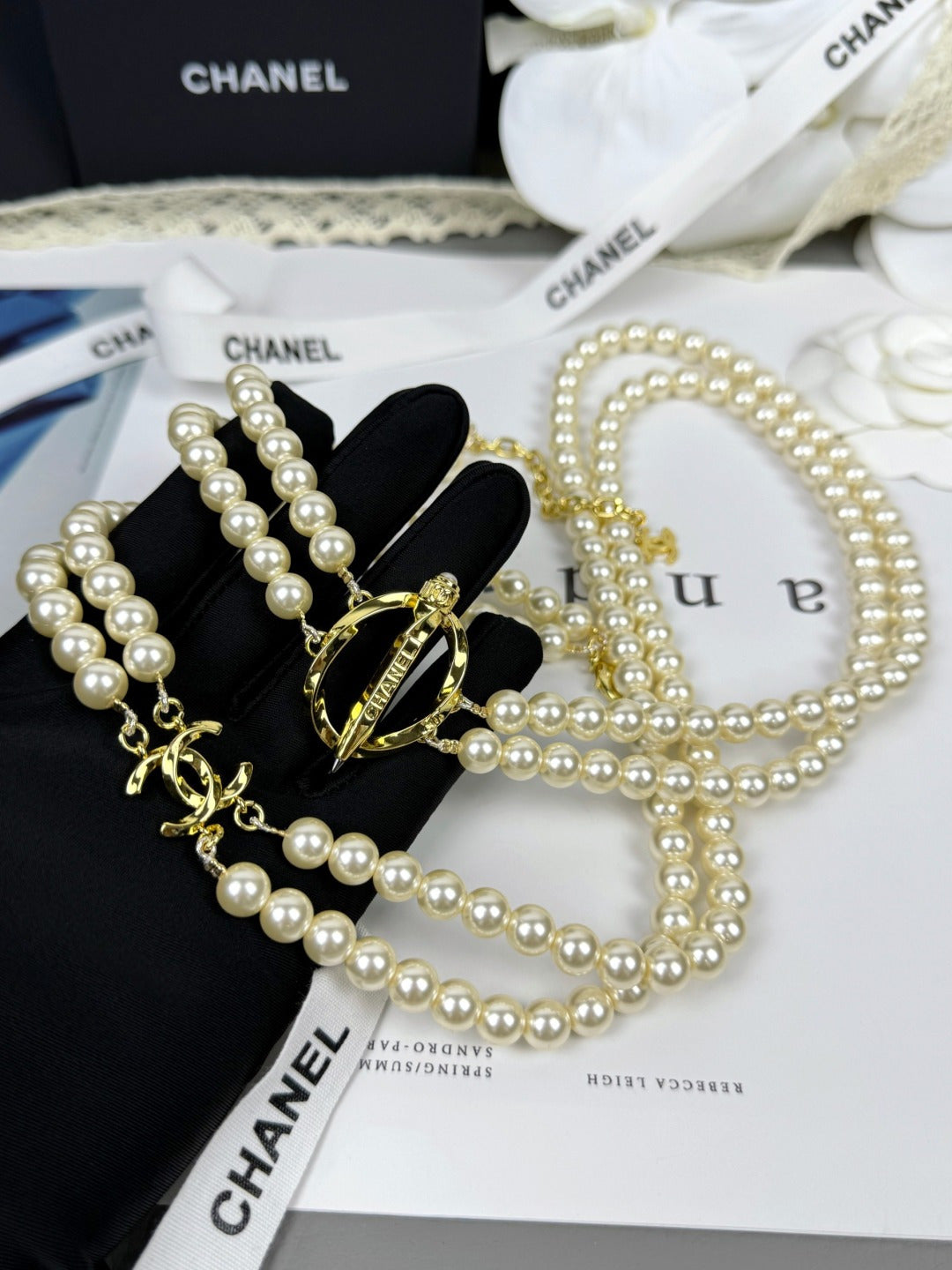 [Luxery]25K Pencil Double C Double-Layer Pearl Sweater Chain