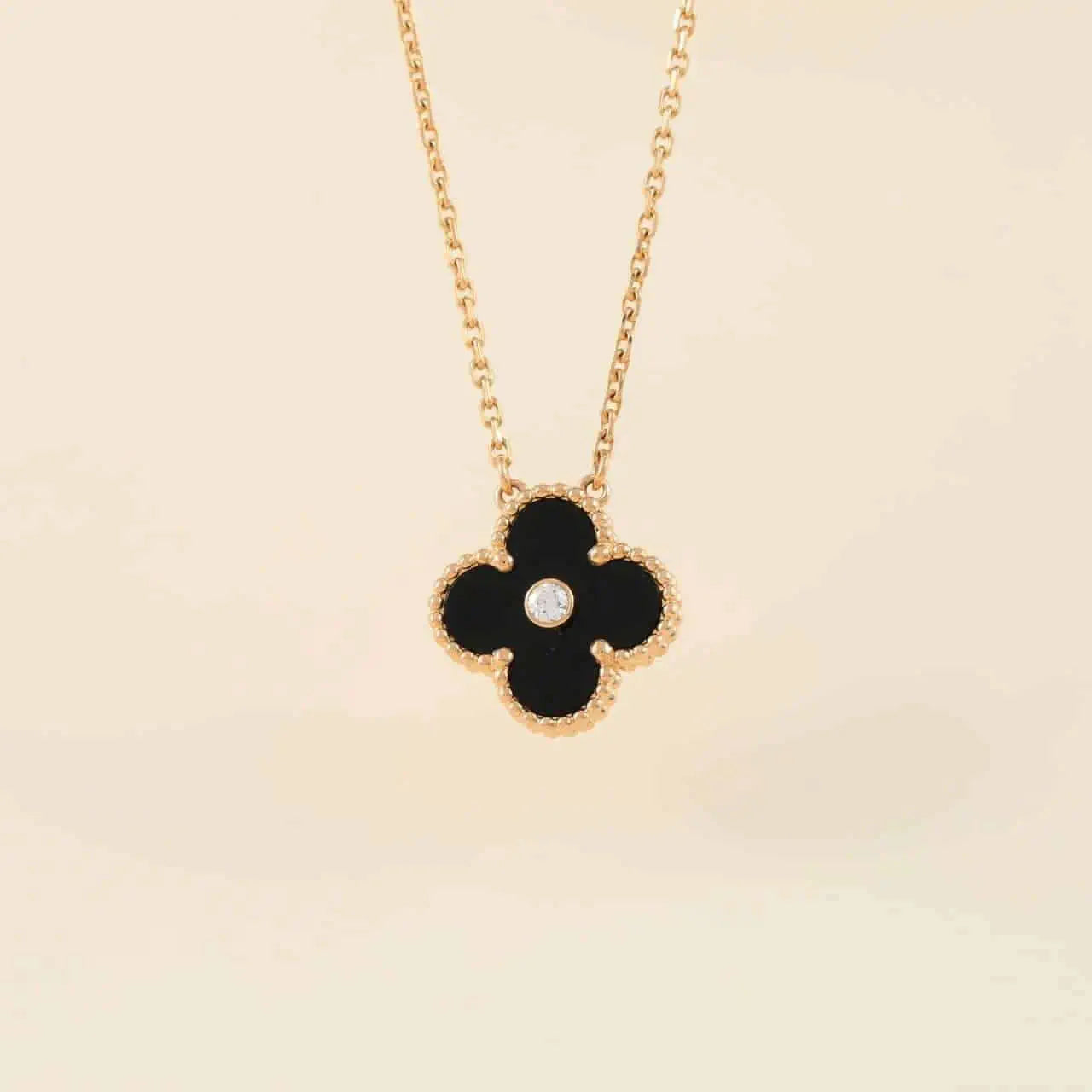 [Luxery]CLOVER 15MM DIAMOND ONYX NECKLACE