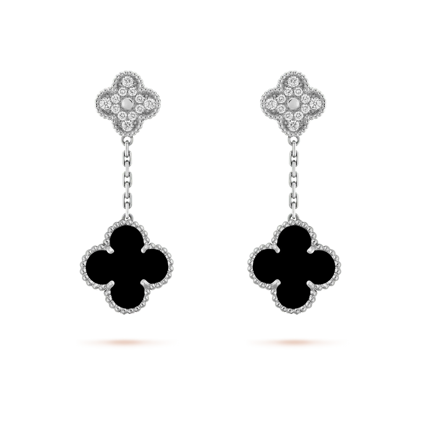 [Luxery]CLOVER 2 MOTIFS  DIAMOND ONYX EARRINGS SILVER