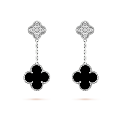 [Luxery]CLOVER 2 MOTIFS  DIAMOND ONYX EARRINGS SILVER