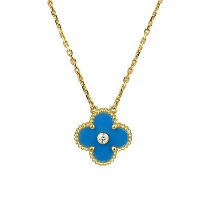 [Luxery]CLOVER 15MM DIAMOND AND BLUE AGATE NECKLACE