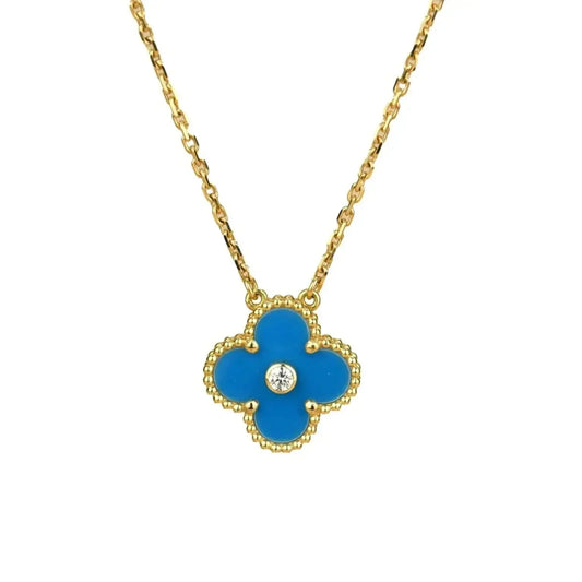 [Luxery]CLOVER 15MM DIAMOND AND BLUE AGATE NECKLACE