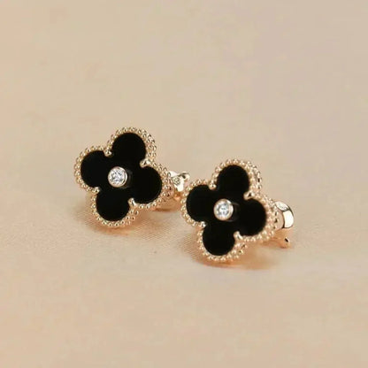 [Luxery]CLOVER MEDIUM 1 MOTIFS ONYX DIAMOND EARRINGS