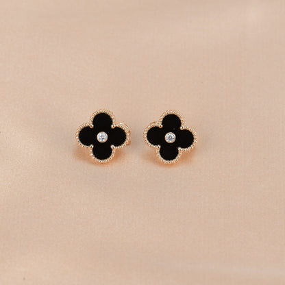 [Luxery]CLOVER MEDIUM 1 MOTIFS ONYX DIAMOND EARRINGS
