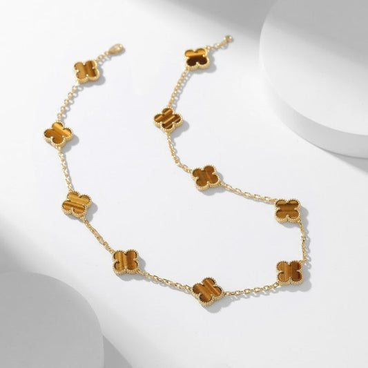 [Luxery]CLOVER 10 MOTIFS TIGER EYE NECKLACE