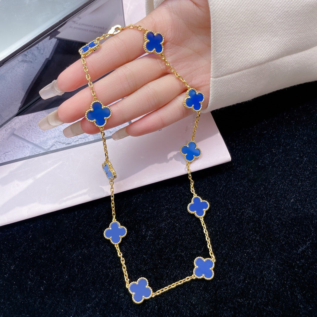 [Luxery]CLOVER 10 MOTIFS BLUE AGATE NECKLACE