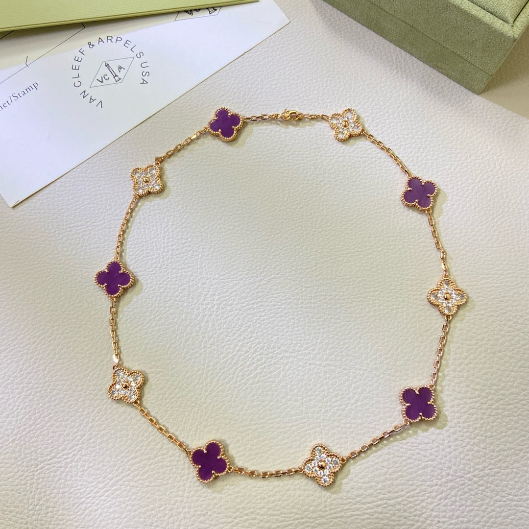 [Luxery Jewelry]CLOVER 10 MOTIFS  PURPLE VIOLET DIAMOND NECKLACE