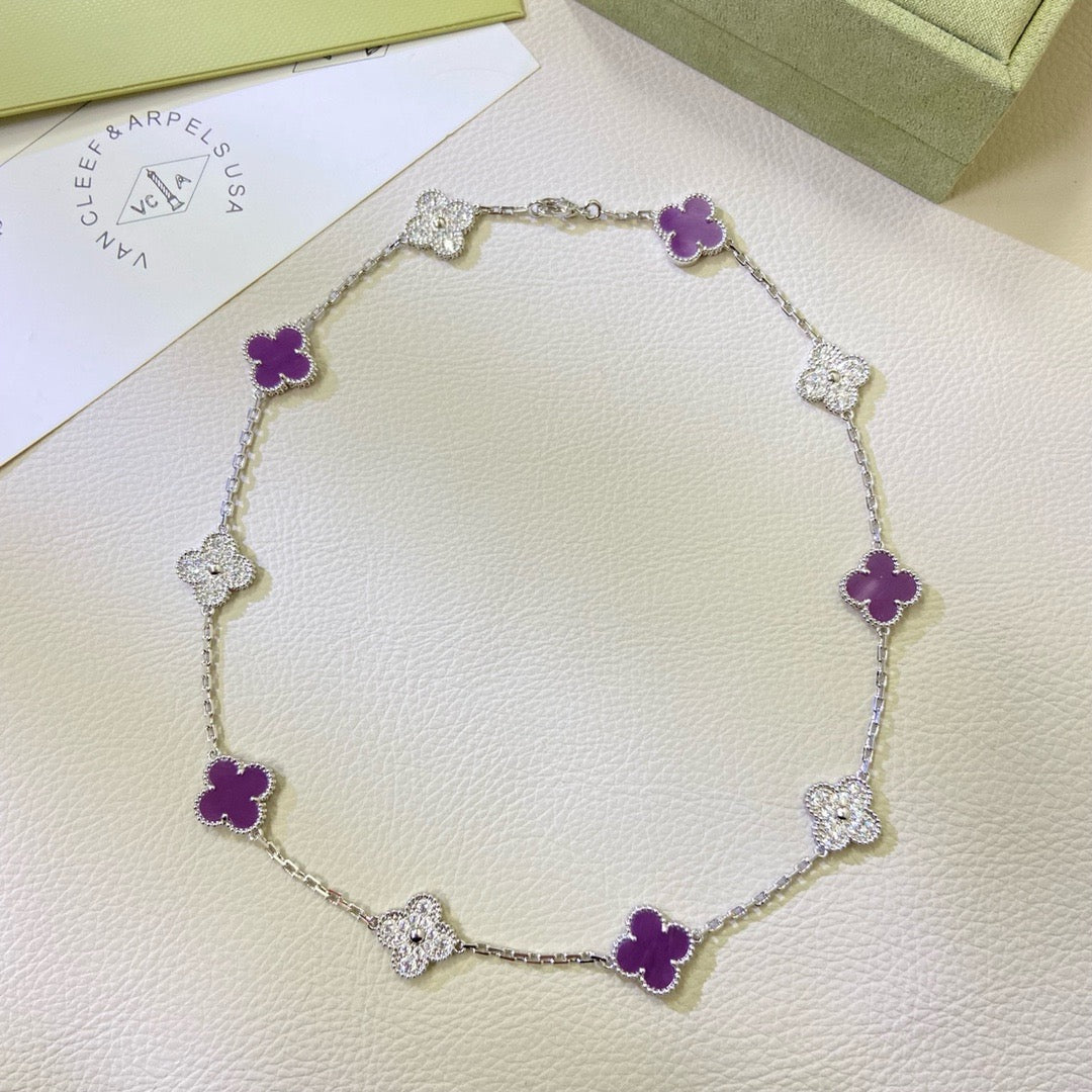 [Luxery Jewelry]CLOVER 10 MOTIFS  PURPLE VIOLET DIAMOND NECKLACE