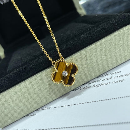 [Luxery]CLOVER 15MM DIAMOND AND YELLOW TIGER'S EYE AGATE necklace