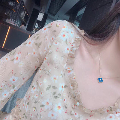 [Luxery]CLOVER 15MM DIAMOND AND BLUE AGATE NECKLACE