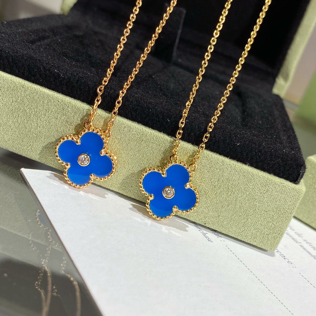 [Luxery]CLOVER 15MM DIAMOND AND BLUE AGATE NECKLACE