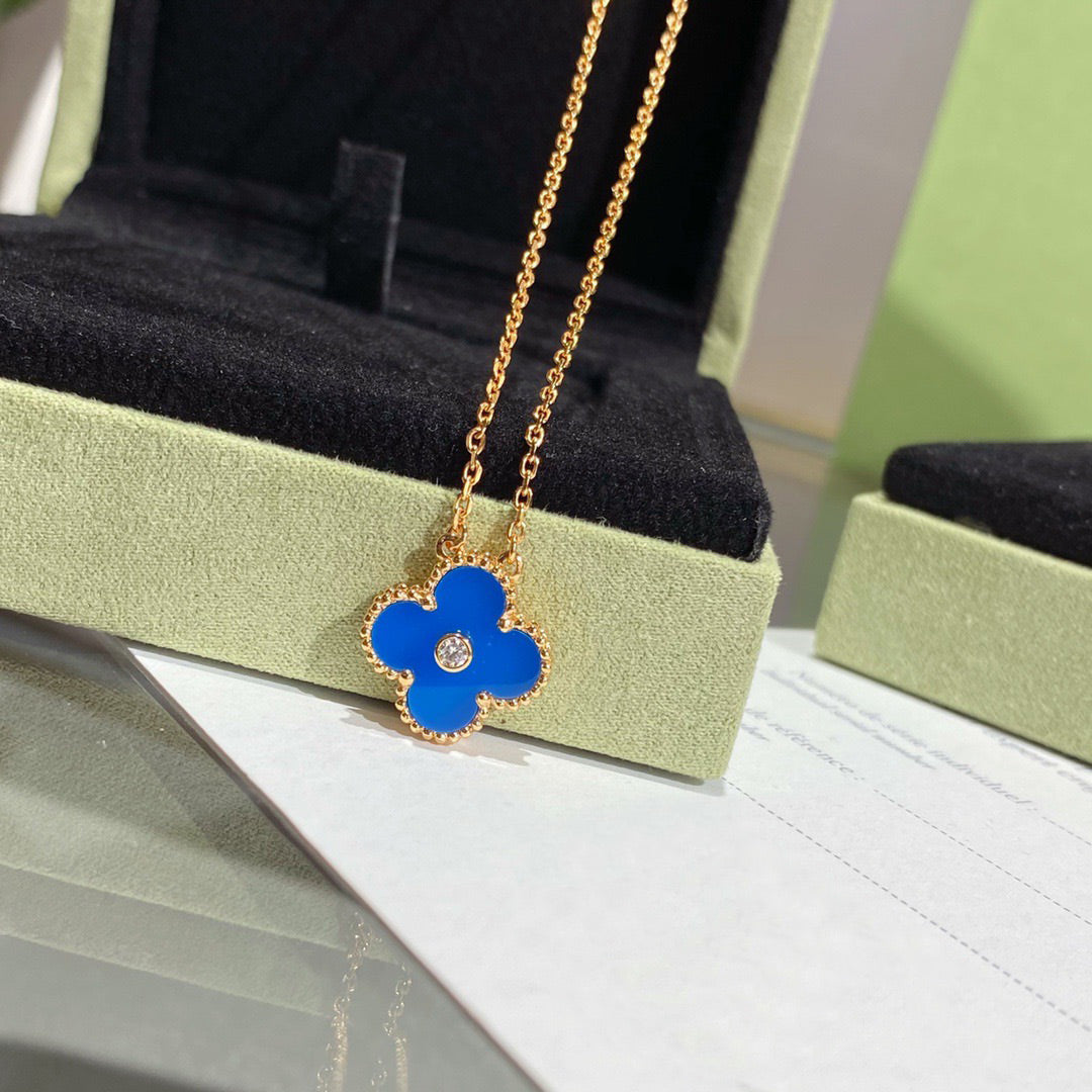 [Luxery]CLOVER 15MM DIAMOND AND BLUE AGATE NECKLACE