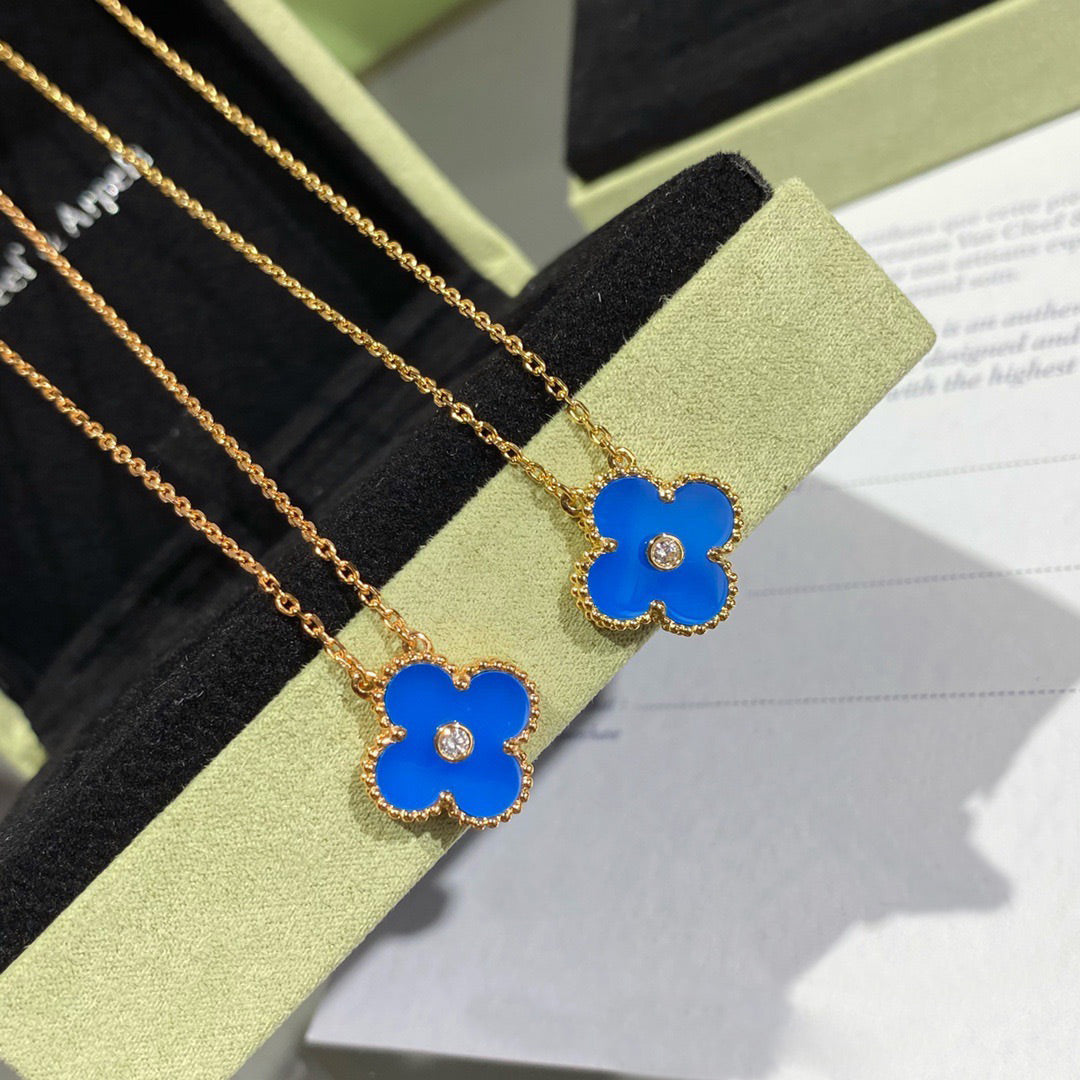 [Luxery]CLOVER 15MM DIAMOND AND BLUE AGATE NECKLACE