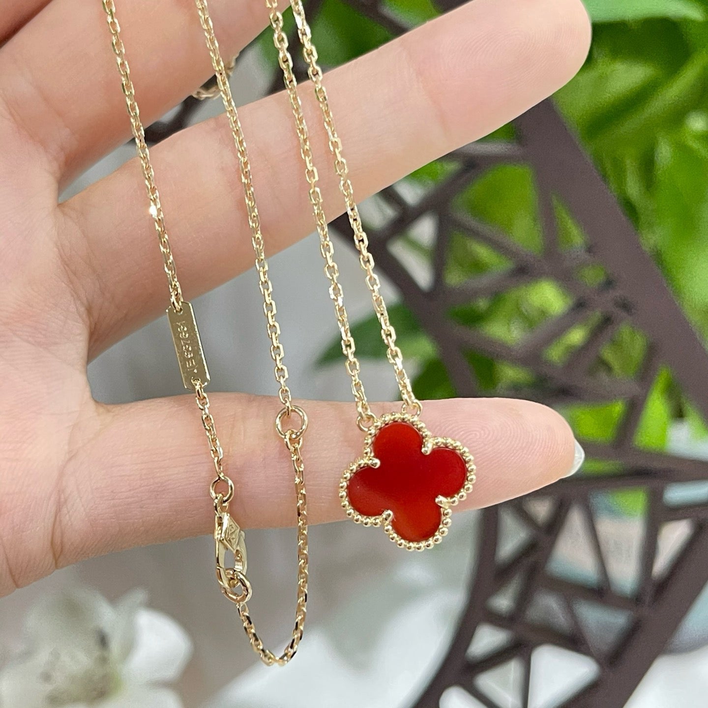 [Luxery]CLOVER 15MM CARNELIAN SINGLE FLOWER NECKLACE