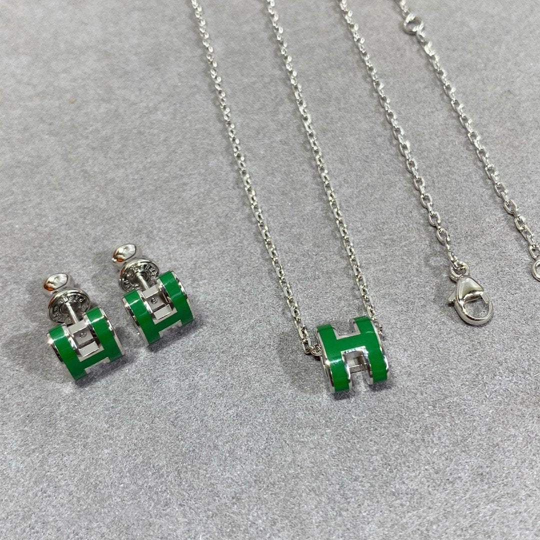 [Luxery]POP H GREEN NECKLACE SILVER AND GOLD