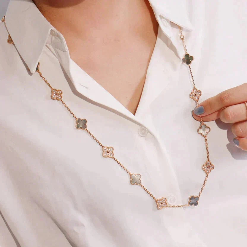 [Luxery]CLOVER 20 MOTIFS DARK MOP DIAMOND  NECKLACE
