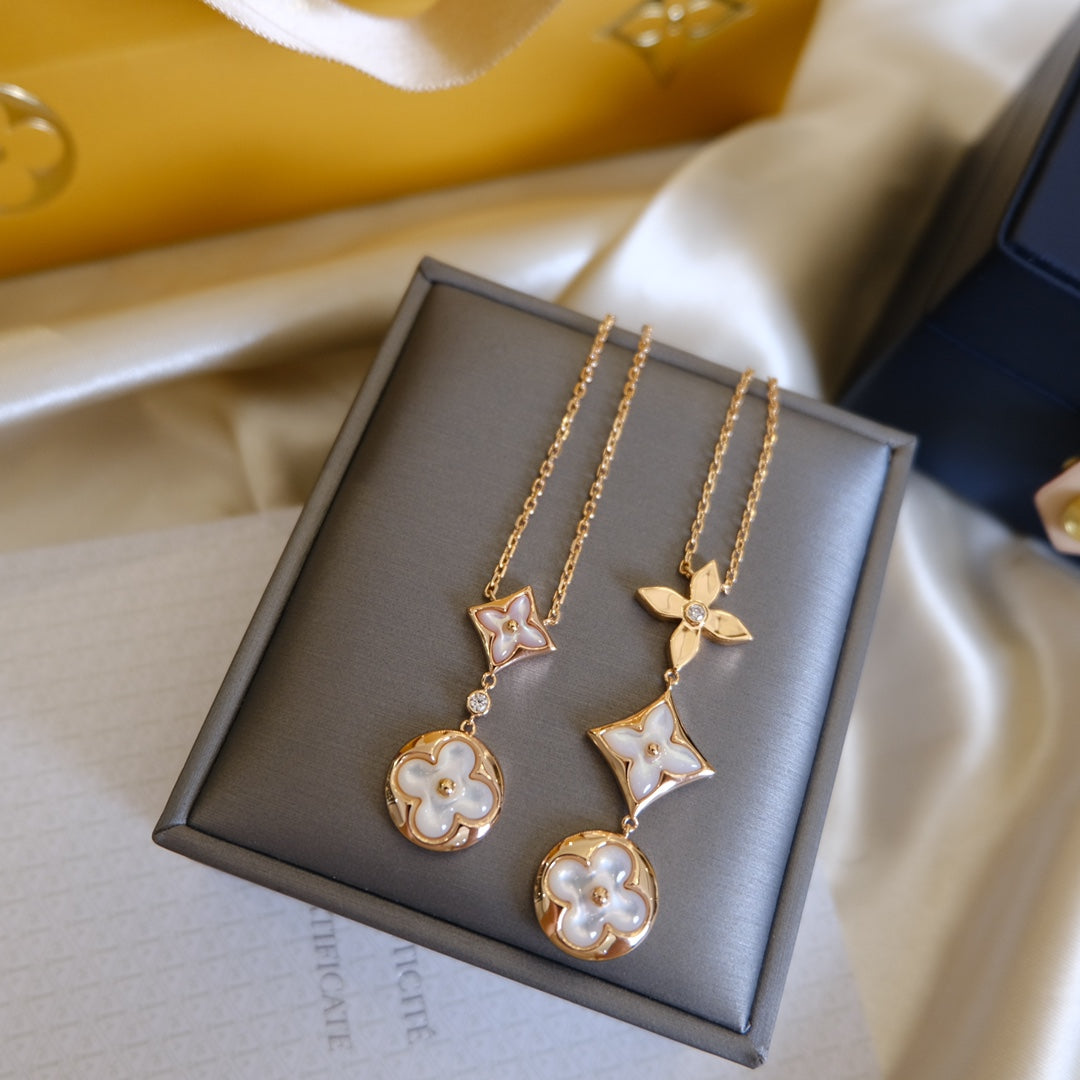 [Luxery]COLOR BLOSSOM LARIAT NECKLACE PINK GOLD WHITE MOTHER PEARL AND DIAMOND