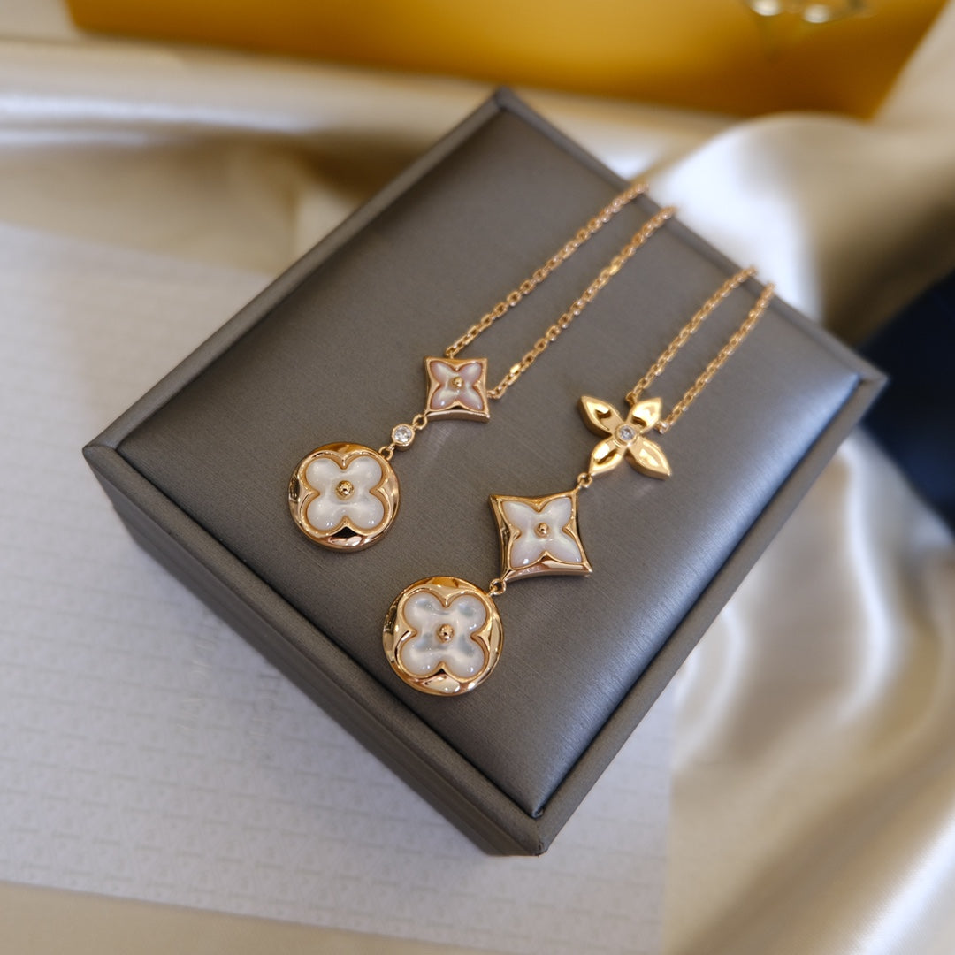 [Luxery]COLOR BLOSSOM LARIAT NECKLACE PINK GOLD WHITE MOTHER PEARL AND DIAMOND