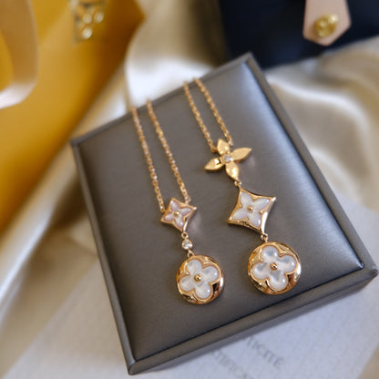 [Luxery]COLOR BLOSSOM LARIAT NECKLACE PINK GOLD WHITE MOTHER PEARL AND DIAMOND