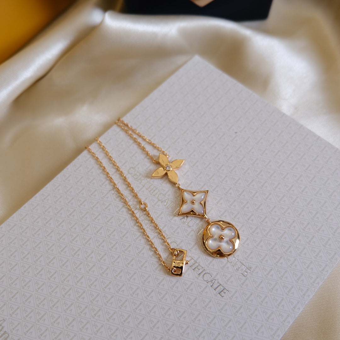 [Luxery]COLOR BLOSSOM LARIAT NECKLACE PINK GOLD WHITE MOTHER PEARL AND DIAMOND