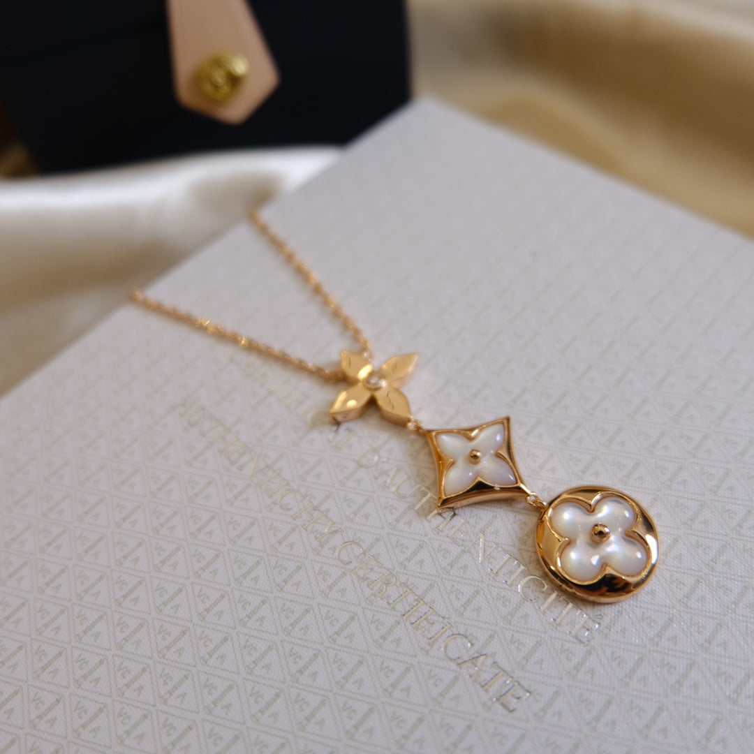 [Luxery]COLOR BLOSSOM LARIAT NECKLACE PINK GOLD WHITE MOTHER PEARL AND DIAMOND