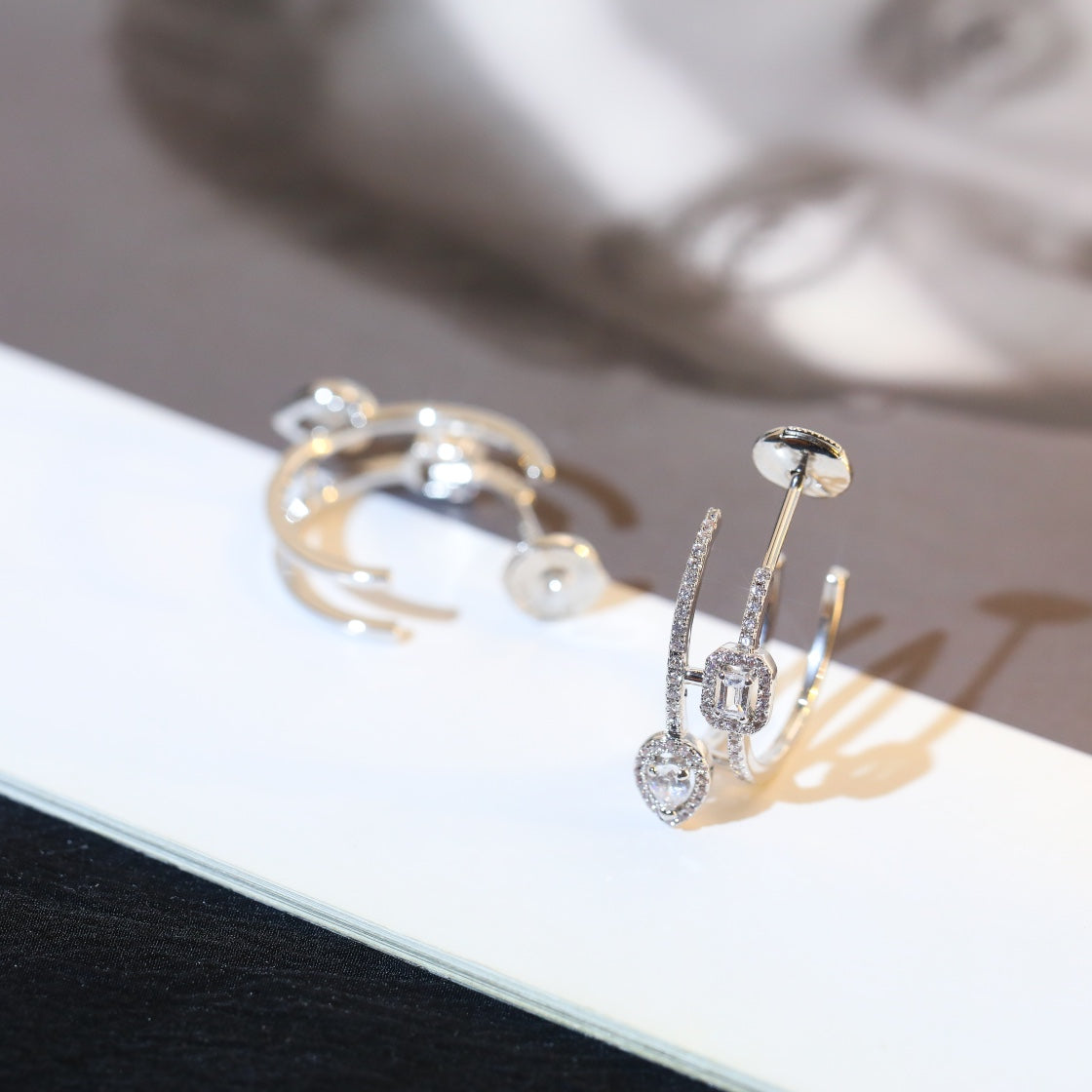 [Luxery]CREOLES MY TWIN 2 RANGS SILVER DIAMOND EARRINGS