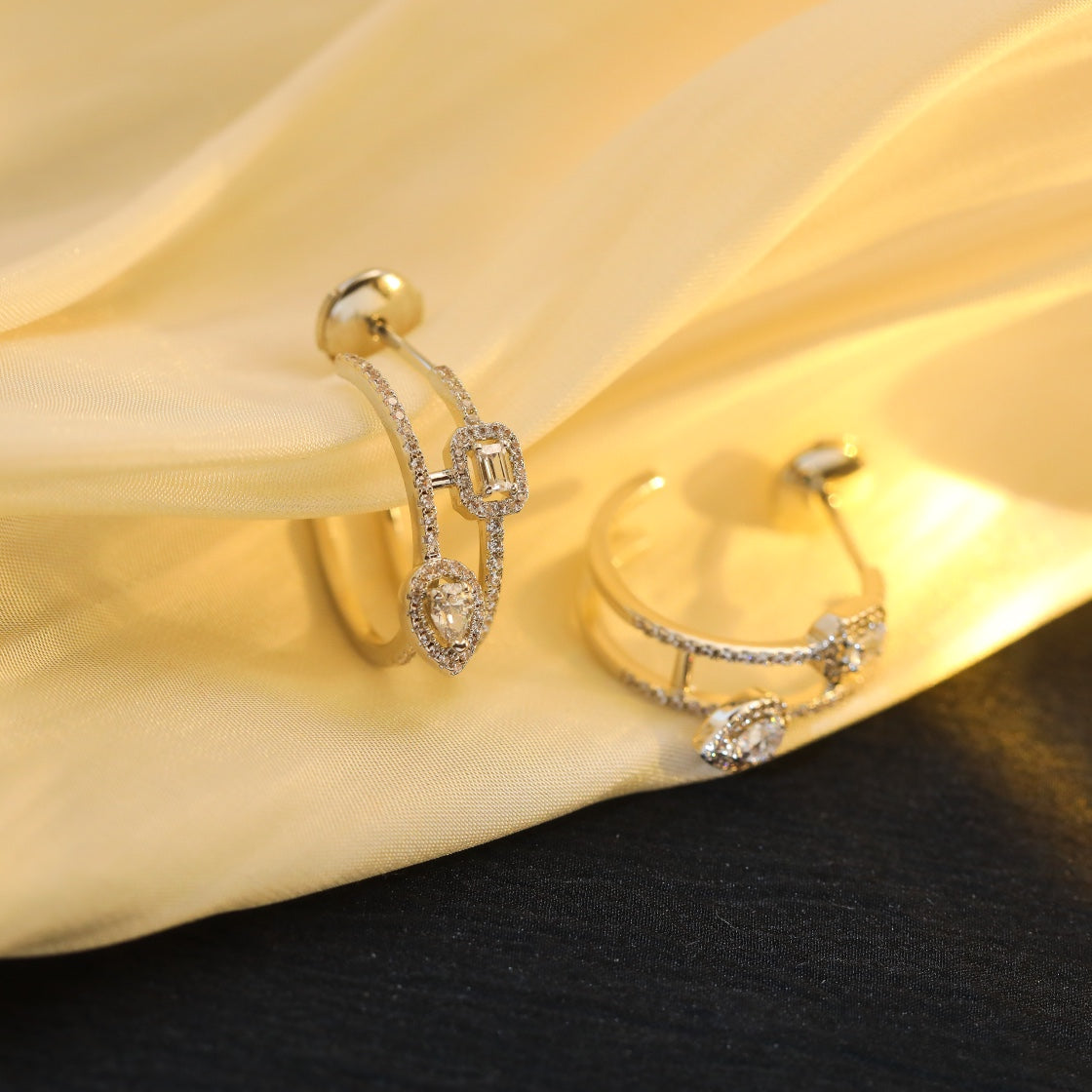 [Luxery]CREOLES MY TWIN 2 RANGS SILVER DIAMOND EARRINGS