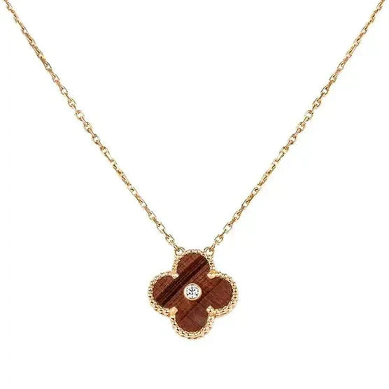 [Luxery]CLOVER 15MM DIAMOND AND YELLOW TIGER'S EYE AGATE necklace