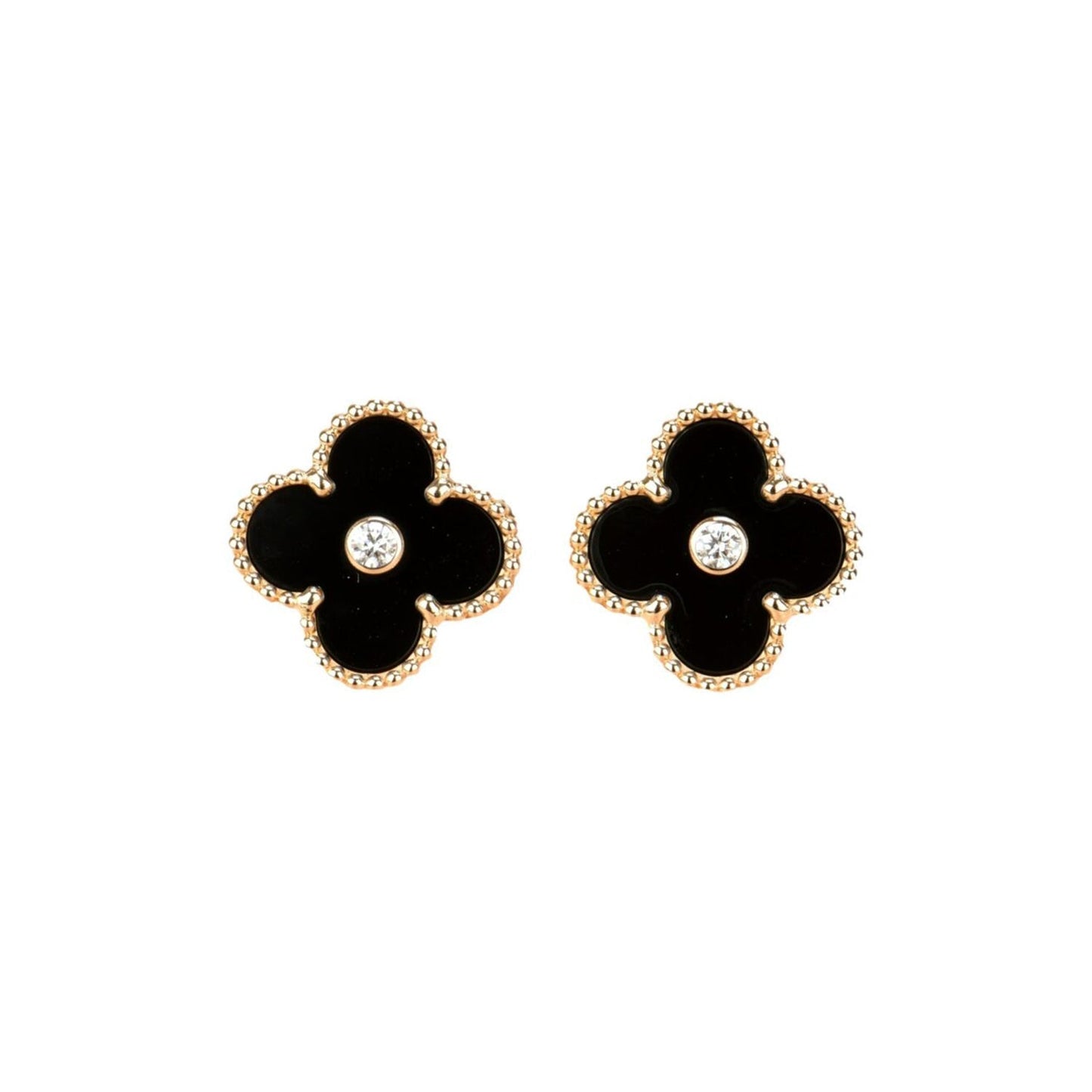 [Luxery]CLOVER MEDIUM 1 MOTIFS ONYX DIAMOND EARRINGS