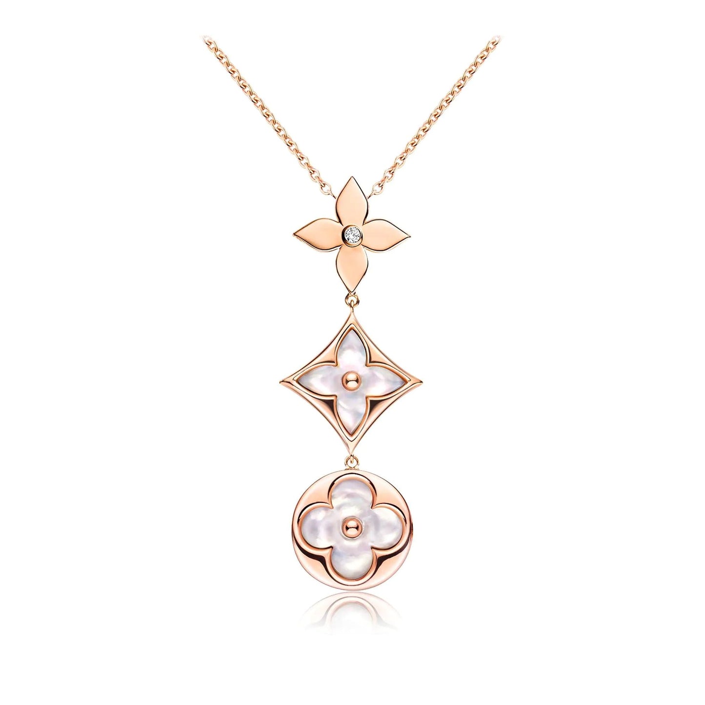 [Luxery]COLOR BLOSSOM LARIAT NECKLACE PINK GOLD WHITE MOTHER PEARL AND DIAMOND
