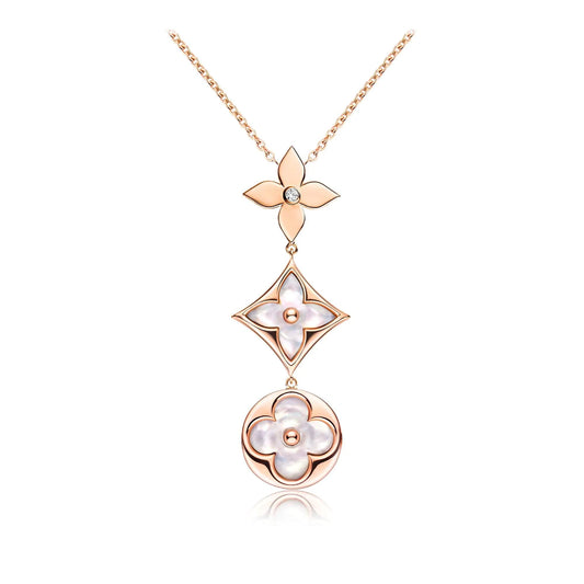 [Luxery]COLOR BLOSSOM LARIAT NECKLACE PINK GOLD WHITE MOTHER PEARL AND DIAMOND